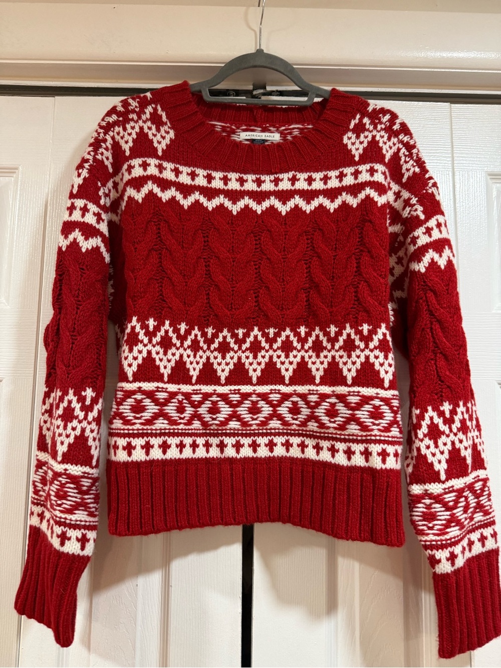 American Eagle Outfitters Red & White Fair Isle Cable Crew Sweater